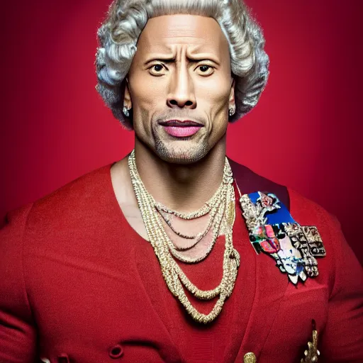 Image similar to dwayne johnson as the queen of england, wearing makeup, dressed like a georgian aristocrat, portrait, studio photography, studio lighting, high detail, 8 k