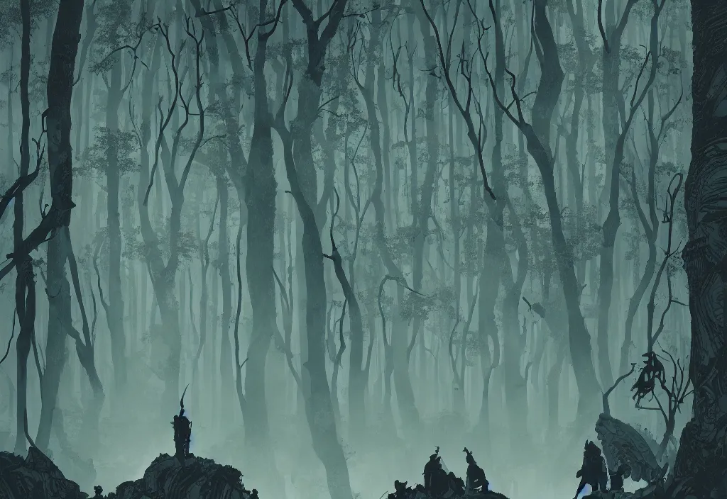 Image similar to handmade illustration of a big forest, line art, ink, some silhouetted medieval men among the trees, watercolor by Kilian Eng and by Jake Parker, winning-award masterpiece, fantastic, octane render, 8K HD Resolution, High quality image