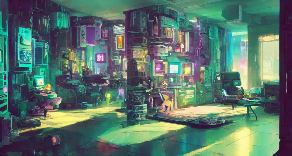 Image similar to IKEA catalogue photo of a cyberpunk bedroom, by Paul Lehr