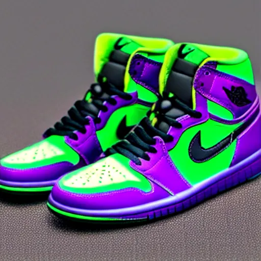 Prompt: “Air Jordan 1, Purple and Green colorway, 8k, ultra realistic”