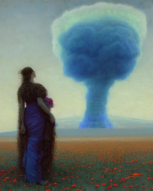 Image similar to A portrait of a woman wearing clothes made out of dying flowers, nuclear explosion in the background, Masterpiece, blue skin, glowing, wires everywhere, by Edgar Maxence and Ross Tran, Zdzisław Beksiński, and Michael Whelan, distant, gustav dore, H.R. Giger, 8k, octane render