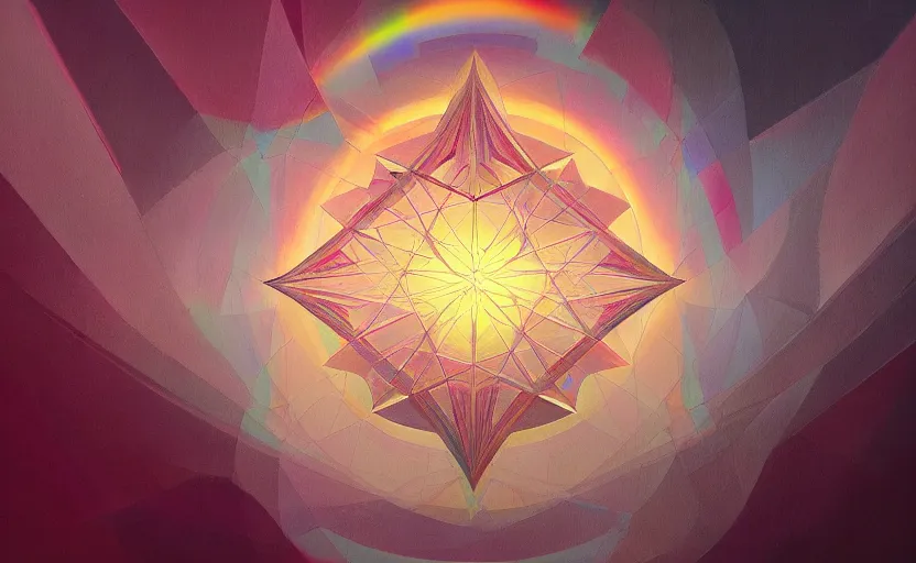 Image similar to a painting of a sacred geometry trending on artstation in the style of greg rutkowski, 3 d, fractal, 4 d, endless, rainbow, geometric tesseract, symmetry, wallpaper, sacred