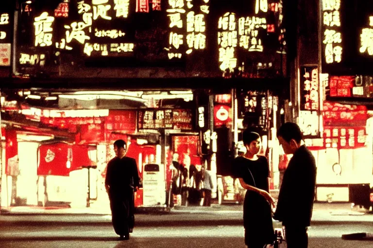 Image similar to wong kar wai love movie scene. wide angle