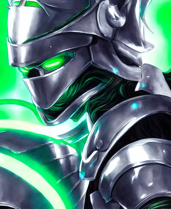 Image similar to an anime portrait of a masked cyborg warrior with jade green armour and a futuristic helmet with a neon jade visor by Yusuke Murata, 4k resolution, detailed