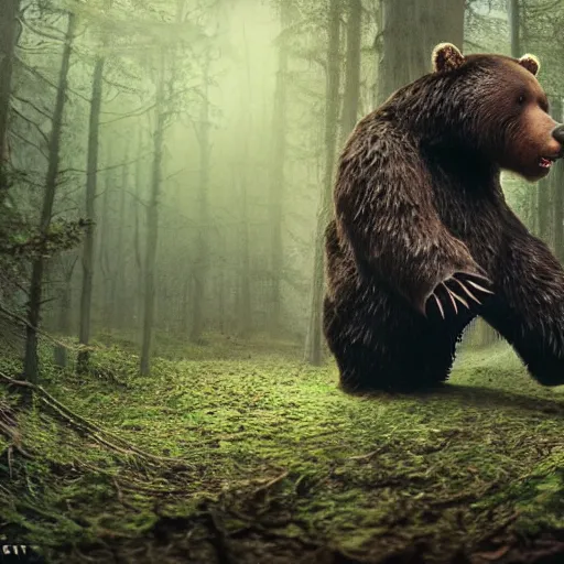 Image similar to a giant bear-shaped lovecraftian monster running quickly through a woodland, scary bear monster, 4 arms, magical forest, fantasy, Ireland, England, king Arthur, Lord of the rings, cinematic, realistic style, beautiful, majestic, dramatic lighting, early morning, dawn CGsociety, realistic, hyper maximalist, golden ratio, octane render, rule of thirds, wide shot , 8k resolution, epic volumetric light, cinematography, concept art, Artstation trending, environments, fantasy