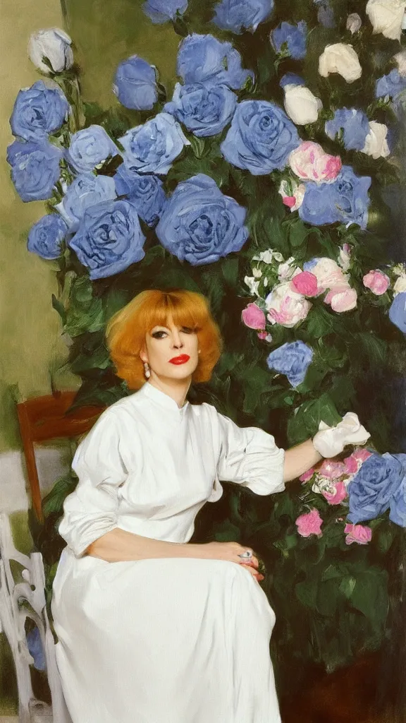 Image similar to portrait of julee cruise in white balloon sleeve dress detailed curtain beside a pot of blue roses, a detailed persian painted by john singer sargent