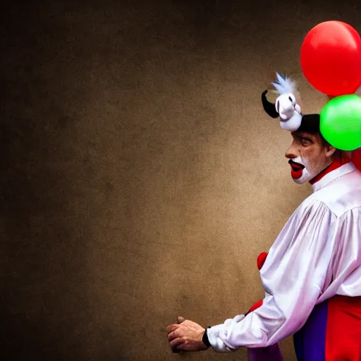 Image similar to a man on a horse wearing a clown suit. photorealistic 4k