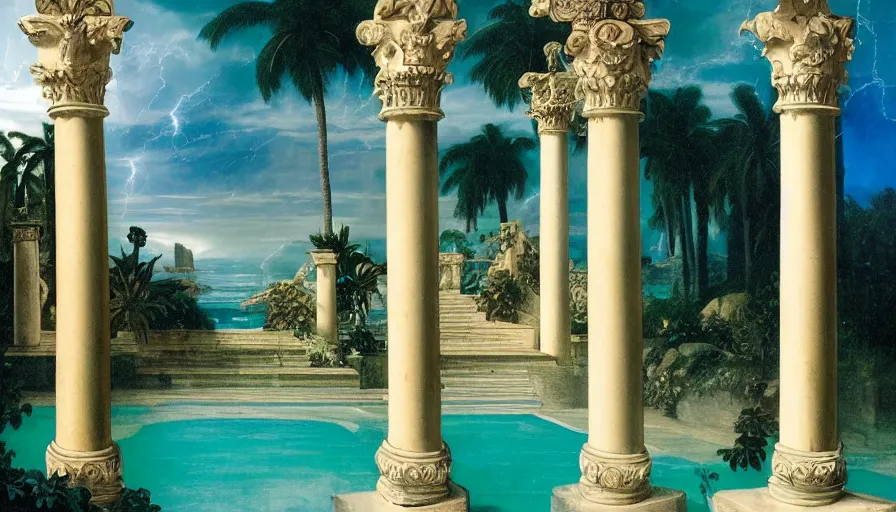 Image similar to Palace of the occult, mediterranean balustrade and columns, refracted sparkles, thunderstorm, greek pool, beach and Tropical vegetation on the background major arcana sky and occult symbols, by paul delaroche, hyperrealistic 4k uhd, award-winning, very detailed paradise