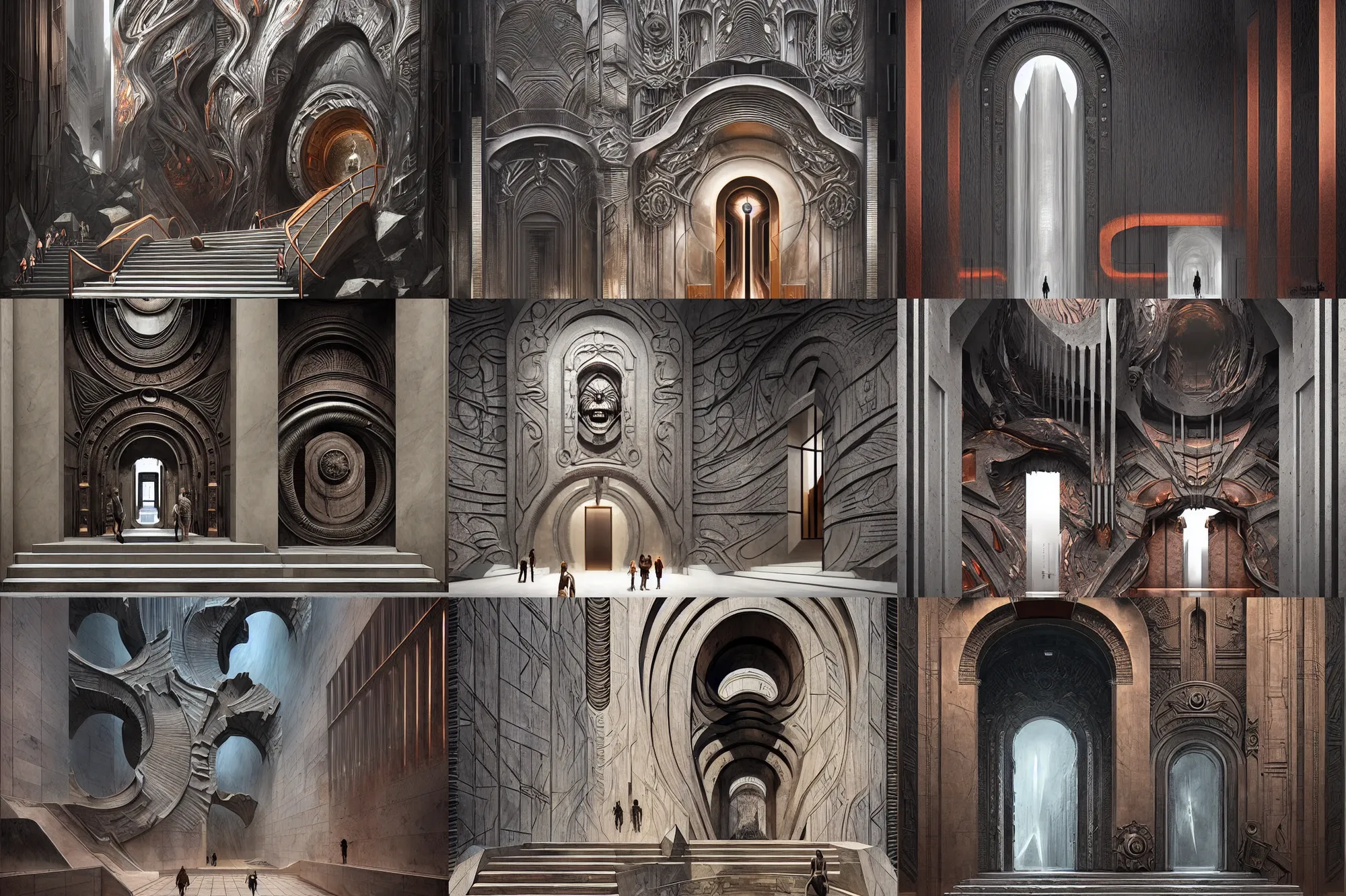 Prompt: majestic entrance to retrofuturistic moma museum nyc, abstract shapes, symmetrical, stairs going up leading to a gigantic riched carved stone door, concrete steel glass, intricate copper details, high contrast, muted colors, concept art, greg rutkowski and h r giger