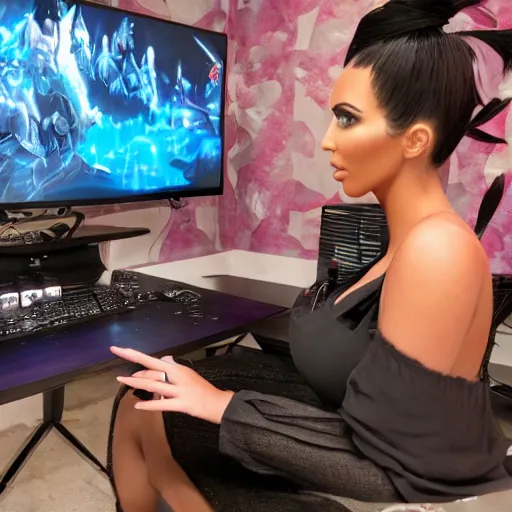 Prompt: live still of kim kardashian as a twitch streamer, gaming room,