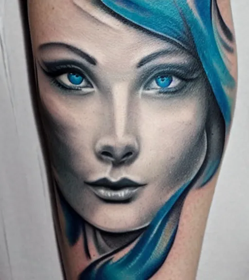 Image similar to tattoo design sketch of a beautiful blue - eyed woman face with a faded background of beautiful mountains and nature on her side, hyper - realistic, in the style of den yakovlev, amazing detail, black and white