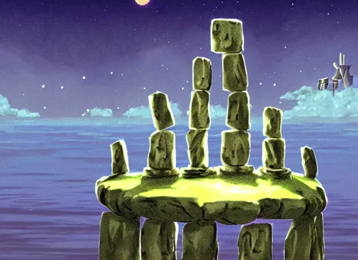 Image similar to a realistic cell - shaded studio ghibli concept art from paprika ( 2 0 0 6 ) of a magic ritual from close encounters of the third kind ( 1 9 7 7 ) and a grey creature meditating on top of a pillar in a flooded stonehenge on a misty starry night. very dull colors, hd, 4 k, hq
