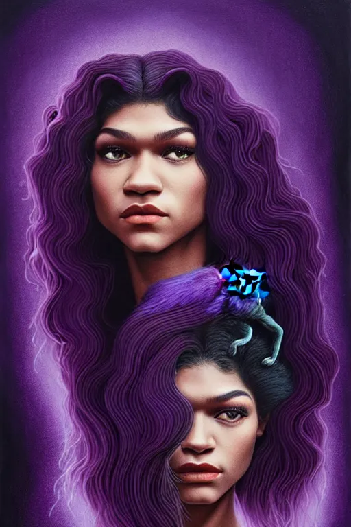 Image similar to zendaya with wavy dark purple hair coming out of the abyss with a panther on her shoulder, ultrafine hyperrealistic fantasy oil painting, art by ida outhwaite and loish, trending on artstation, dungeons and dragons, magic the gathering, intricate linework, sharp focus, smooth, unreal engine, dramatic lighting, 8 k,