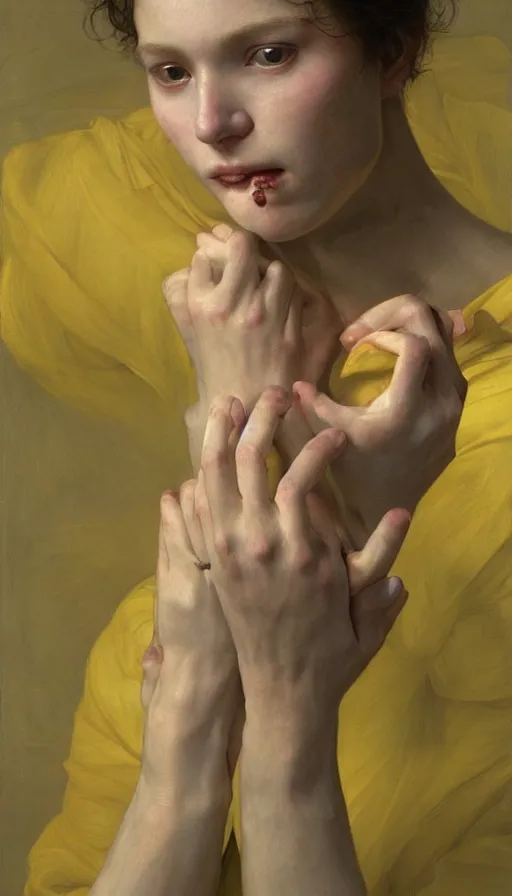 Image similar to epic masterpiece portrait of hands, drama, sweaty skin, hyperrealistic, octane render, cinematic, beautiful and flawless skin, perfect hands, 5 fingers, yellow by Edgar Maxence and Ross Tran and Michael Whelan and Lorenzo Sperlonga, Brom, Legends of Runeterra