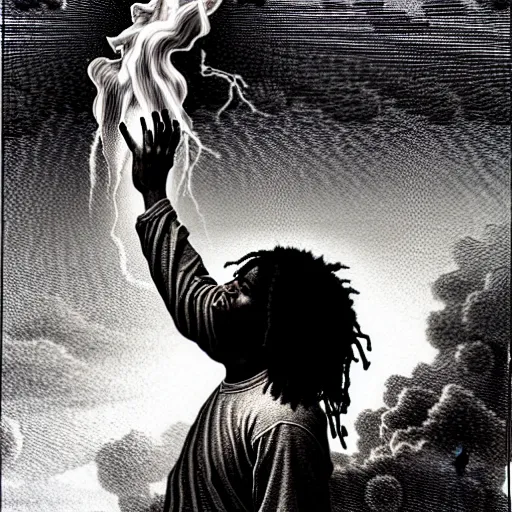 Image similar to chief keef ascending into heaven holding cup of lean and blunt, smoke surrounding subject, biblical image, style of gustave dore, highly detailed, beautiful, high contrast