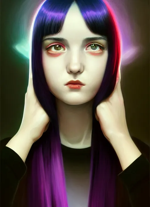 Image similar to portrait of teenage girl with white bangs, red irises, black hair, purple clothes, white bangs, bangs are different color from hair, intricate, front of hair is white rest is black, elegant, glowing lights, highly detailed, digital painting, artstation, concept art, smooth, sharp focus, illustration, art by wlop, mars ravelo and greg rutkowski