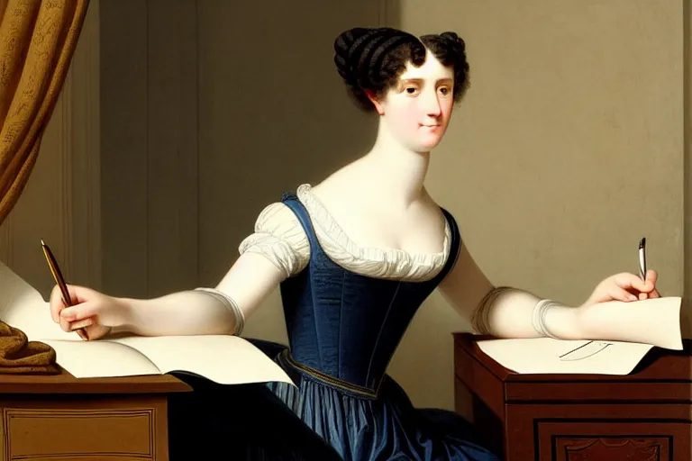 Image similar to 1 8 1 0 s lady writing at her desk by vittorio reggianini, georgian dress, directoire style, regency, empire silhouette, bright lighting, perfectly detailed eyes, beautiful hands, pale skin, clear face