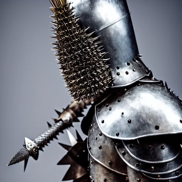 Image similar to photograph of a knight with spiky armour and a mace, extremely detailed. dslr. 8 5 mm.