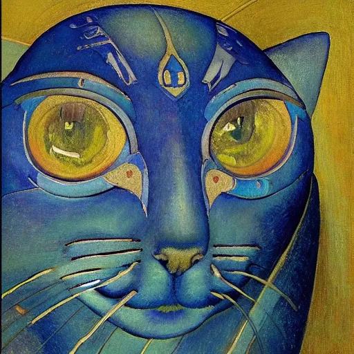 Image similar to masterpiece painting of a mechanical cloisonne cat head sculpture, by annie swynnerton and and diego rivera and nicholas roerich and jean delville, spacecat, symbolist, dramatic lighting, god rays, art brut, rich colors, smooth, sharp focus, extremely detailed, adolf wolfli and ( donato giancola and bilibin )