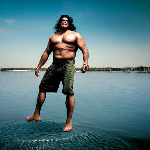 Image similar to the great khali floating in mid air like a magician, sony a 7 r realistic photography