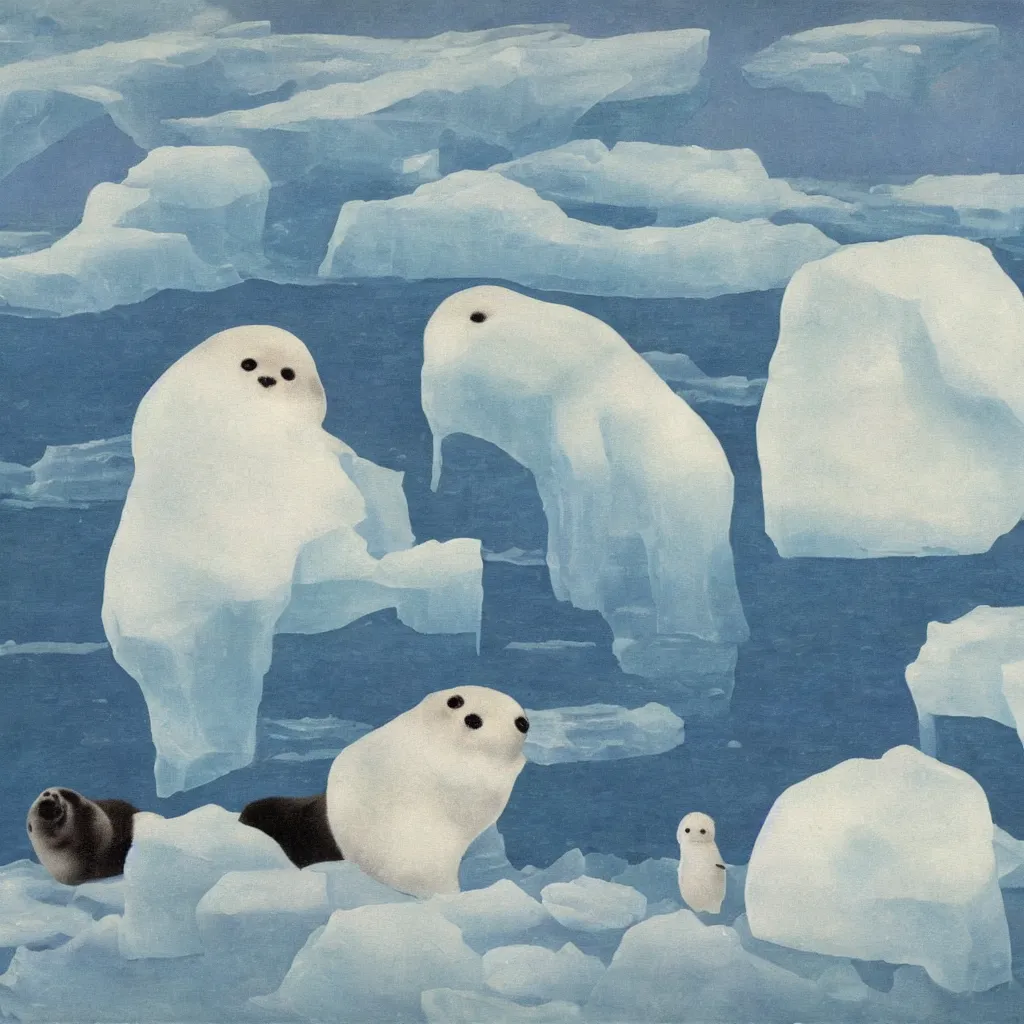 Image similar to a baby harp seal, painting by rene magritte, glaciers and ice and snow