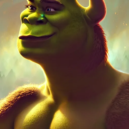Image similar to Shrek from dreamswork, muscular upper body, D&D, fantasy, intricate, elegant, highly detailed, digital painting, artstation, concept art, smooth, sharp focus, illustration, art by artgerm and greg rutkowski and alphonse mucha