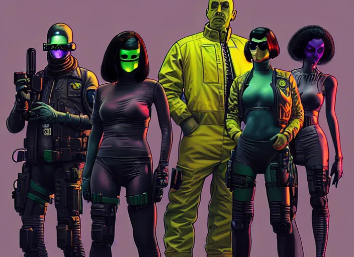 Prompt: cyberpunk hazmat tactical squad. portrait by stonehouse and mœbius and will eisner and gil elvgren and pixar. character design. realistic proportions. cyberpunk 2 0 7 7 character art, blade runner 2 0 4 9 concept art. cel shading. attractive face. thick lines. the team. diverse characters. artstationhq.