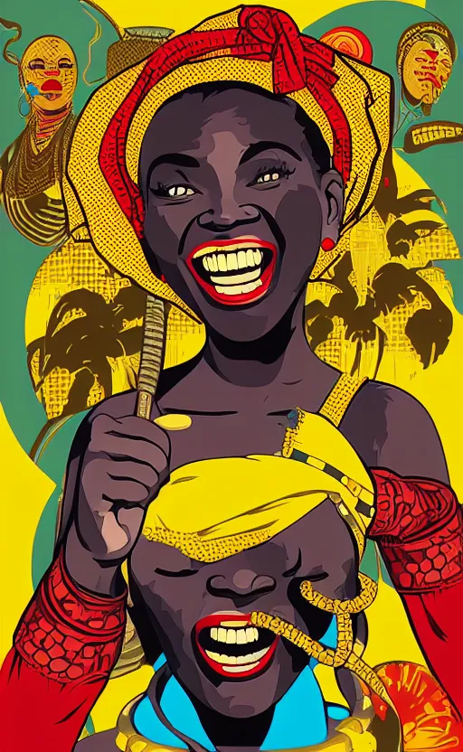 Image similar to mama africa laugh at her child!!! pop art, pixel, bioshock, gta chinatown, artgerm, richard hamilton, mimmo rottela, julian opie, aya takano, intricate