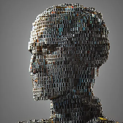 Image similar to a photo portrait of a robot created from empty beer bottles and cardboard boxes. symmetry, awesome exposition, scifi, very detailed, highly accurate, professional lighting diffracted lightrays, 8 k, sense of awe