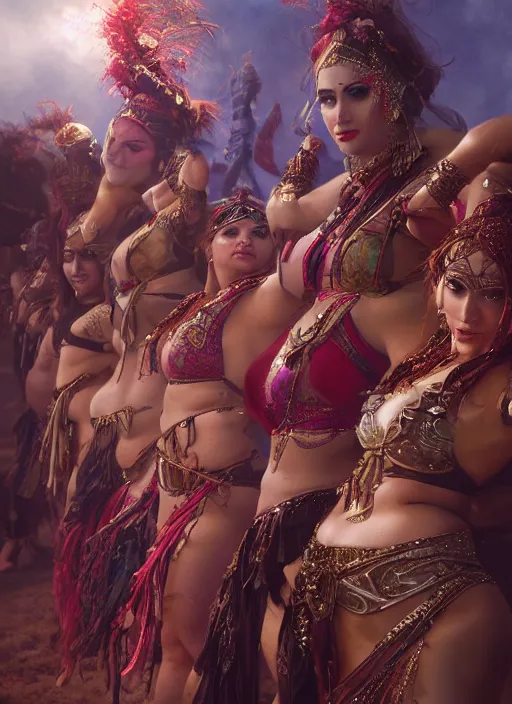 Prompt: hyper realistic photography of bellydancer festival warrior curvy partygirl cinematic, vallejo, julie bell, craig mullins greg rutkowski, rowena morrill, juan gimenez