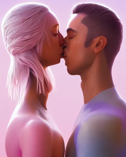 Image similar to 3 d render of kissing couple by luis toledo and alex grey and beeple, neosurrealism. digital art, pixel art, concept art, octane render, trending on cgsociety, trending on artstation