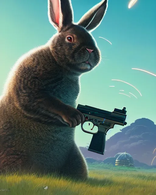 Prompt: highly detailed surreal vfx portrait of a cute, happy big chungus, shooting two mac - 1 0 s, stephen bliss, unreal engine, greg rutkowski, loish, rhads, beeple, makoto shinkai and lois van baarle, ilya kuvshinov, rossdraws, tom bagshaw, global illumination, detailed and intricate environment