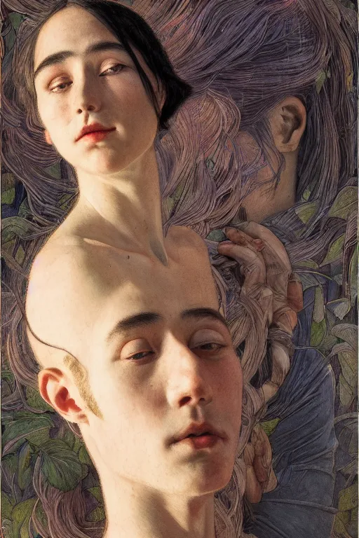 Prompt: detailed people in movie theatre, exterior greenhouse, portrait face, in the style of frantisek kupka, intricate, miles johnston, keita morimoto, kuroda seiki, cynical realism, ozabu, john william godward, painterly, yoshitaka amano, moebius, beautiful lighting