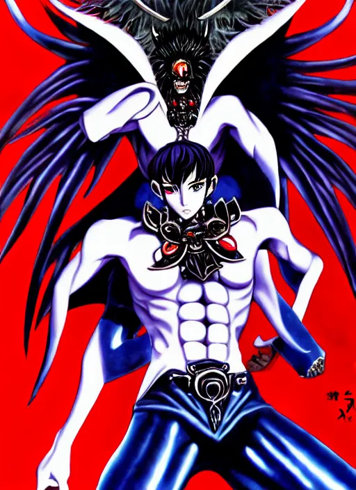 Image similar to shin megami tensei art of a demon called gigachad, art by kazuma kaneko, demonic! compedium!, law aligned, digital drawing, white background, very high quality, very highly detailed