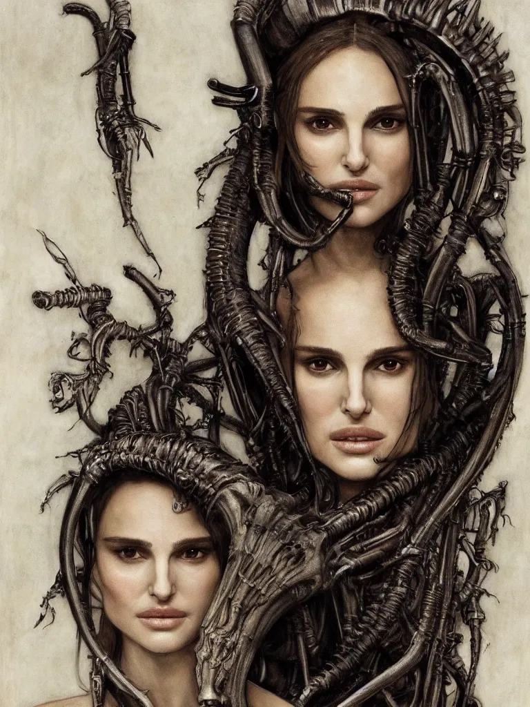 Prompt: a beautiful portrait of natalie portman with a xenomorph queen by h.r. giger and by arthur rackham and by john william waterhouse, detailed, proportional, trending on art station, 4k