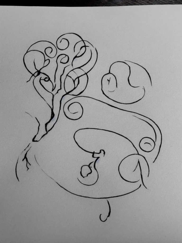 Prompt: a clean single line drawing sketch for a tattoo, acorn that turns into a tree that is also a treble clef with scar line in the middle, clean single line tattoo with bursts of color, isometric