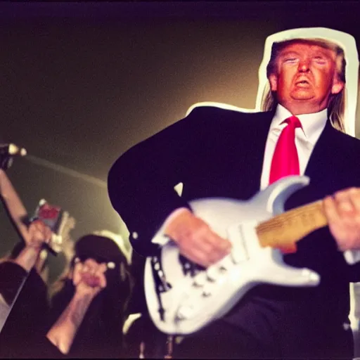 Prompt: donald trump at a concert with playing guitar, long hair, kodak portra 4 0 0 color negative film