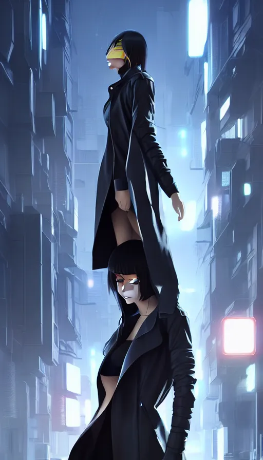 Image similar to realistic render of a cyborg - girl wearing a long trench coat by ross draws, futuristic dystopian city by ilya kuvshinov, digital anime art by ross tran, composition by sana takeda, lighting by greg rutkowski