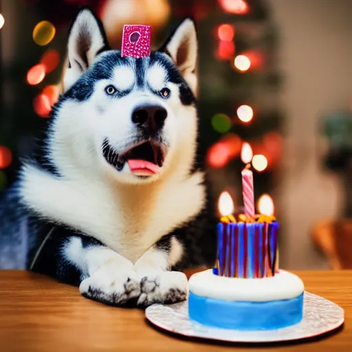 Prompt: a high - quality photo of a husky with a birthday cake, 4 5 mm, f 3. 5, sharpened, iso 2 0 0, raw, food photography