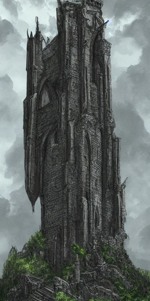 Prompt: lord of the rings tall medieval tower of dark stone on a castle on a hill. stone ruins at the bottom. a dark forest around. illustration on artstation