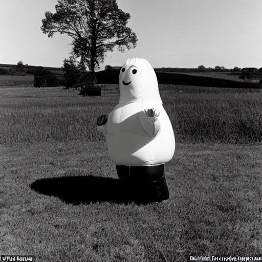 Image similar to middle-aged woman dressed as an inflatable toy, in the countryside 1979 arthouse film, archival footage, technicolor film expired film