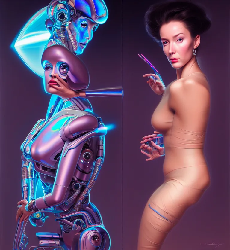 Image similar to beauty woman in holograms of alien robotic artifacts, electrical case display, total recall tech, ultrarealistic, dramatic lighting, electrical details, high details, 4k, 8k, best, accurate, trending on artstation, artstation, photorealism, ultrarealistic, digital painting, style of Peter Mohrbacher, Hajime Sorayama, Caravaggio, Boris Vallejo