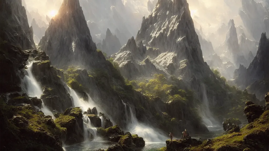 Prompt: elven spire above the great alpine waterfall. andreas achenbach, artgerm, mikko lagerstedt, zack snyder, tokujin yoshioka