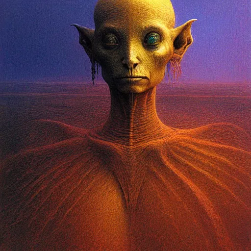 Image similar to portrait of ethereal goblin princess in golden armour by Beksinski