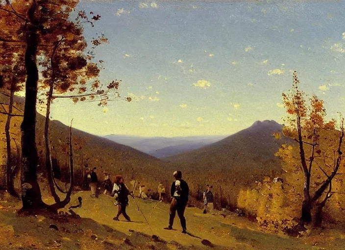 Image similar to portrait of friends hiking franconia ridge new hampshire in autumn, jean - baptiste - camille corot