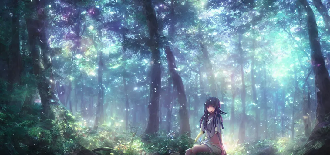 Image similar to anime forest, magical, mythical, ethereal, hyper realistic, straight lines 8k hdr pixiv dslr photo by Makoto Shinkai ilya kuvshinov and Wojtek Fus, digital art, concept art,