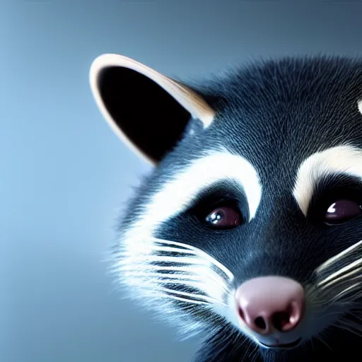 Image similar to portrait of a smiling devious racoon, dramatic lighting, 3d rendered in octane, trending on cgsociety,