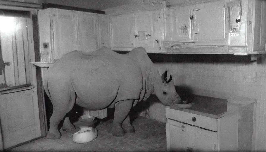 Image similar to a rhinoceros in a stalinist style kitchen, by mini dv camera, very very low quality, heavy grain, very blurry, accidental flash, webcam, caught on trail cam