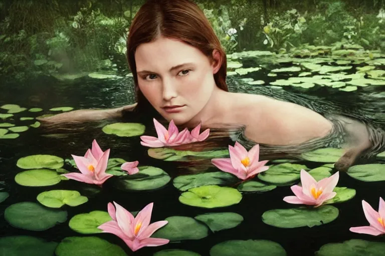 Prompt: hyperrealistic dark colour photograph of a woman's face floating in a pond, surrounded by a forrest of lillies, deep focus, intricate, elegant, highly detailed, matte, sharp focus, photography by bill henson