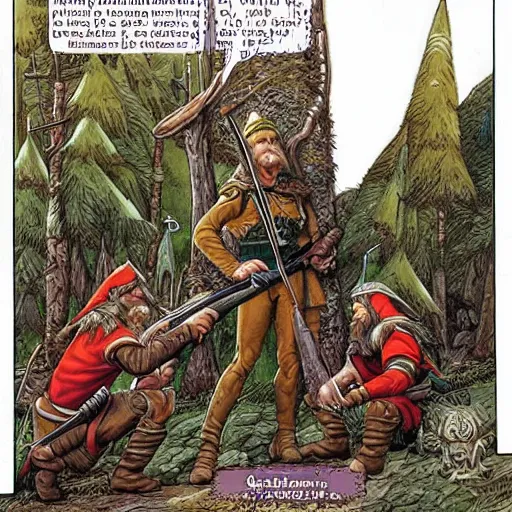 Image similar to Elves accidentally sniping dwarves and apologizing, fantasy, highly detailed, by larry elmore